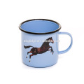 Logo printing custom tin and Enamel coffee cup food safty with black roll rim horse decal high quality